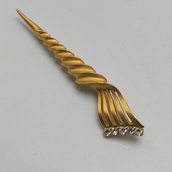 Gold Tone Spiral Sceptre Staff Brooch With Clear Rhinestone Accent - Picture 2 of 4